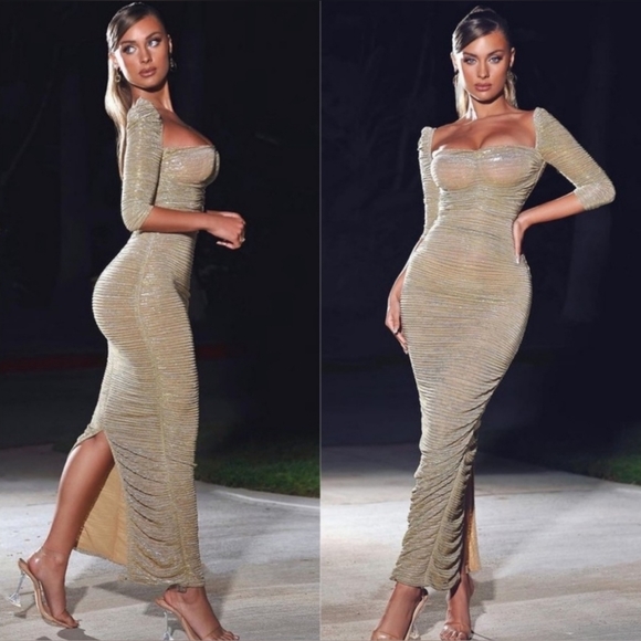 NEW Miss Circle Gold Ruched Maxi Dress - Picture 2 of 10